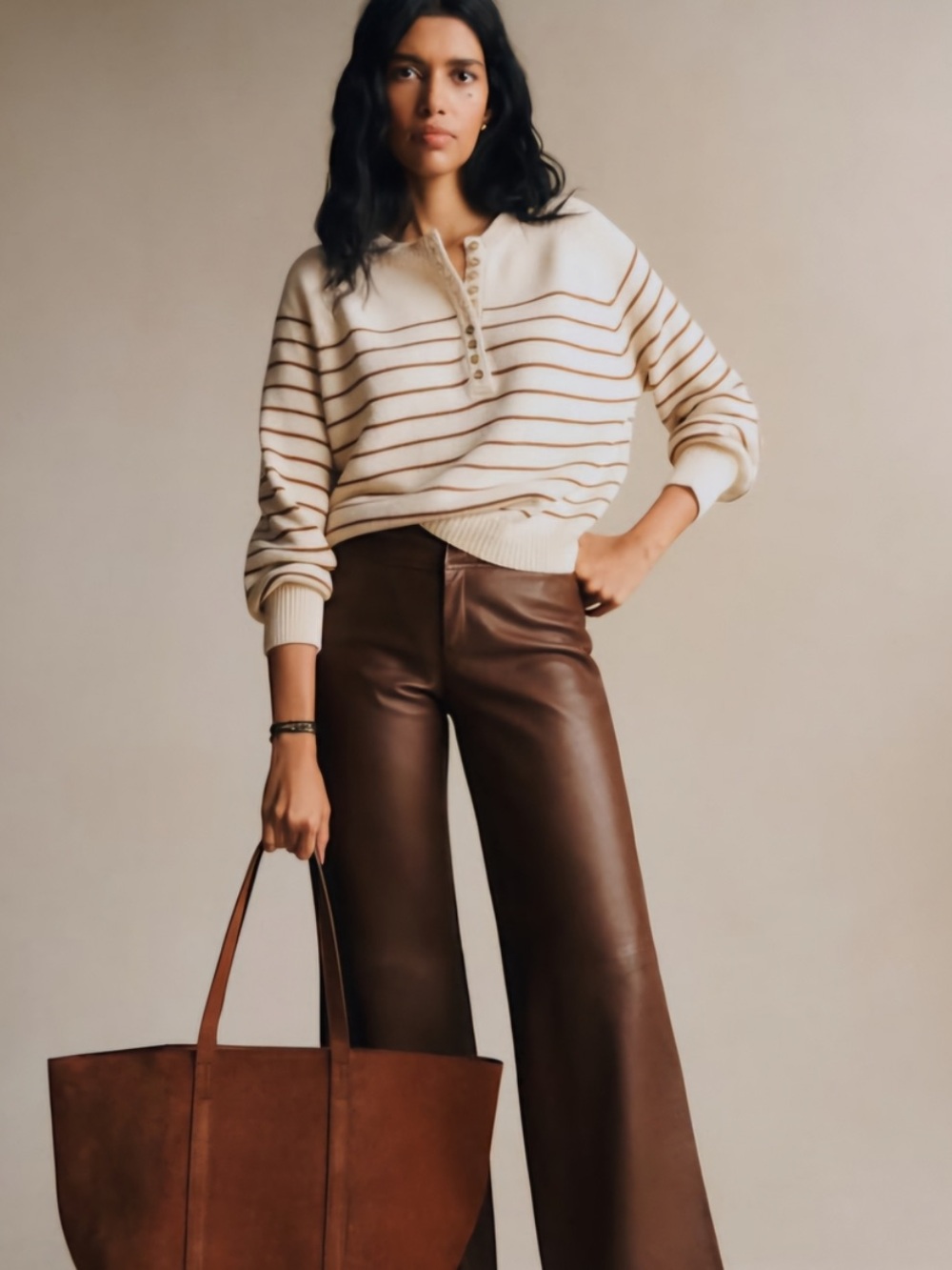 Sezane leontine jumper in camel / ecru. 100% cotton - Picture 2 of 6